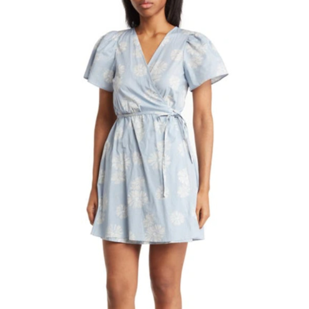 Madewell Floral Print Wrap Mini Dress Size M Dusty Poll Short Puff Sleeve EUC!
